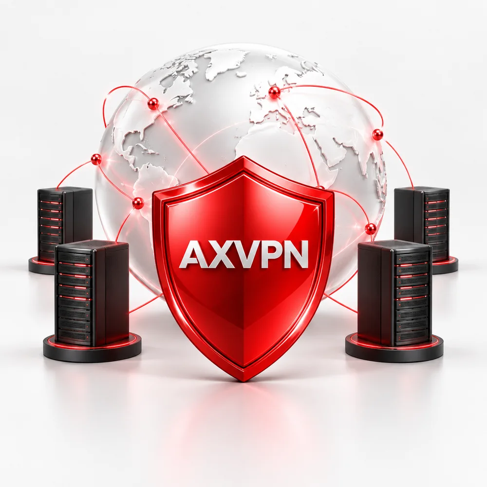 Красный щит AXVPN рядом с глобусом и серверными соединениями